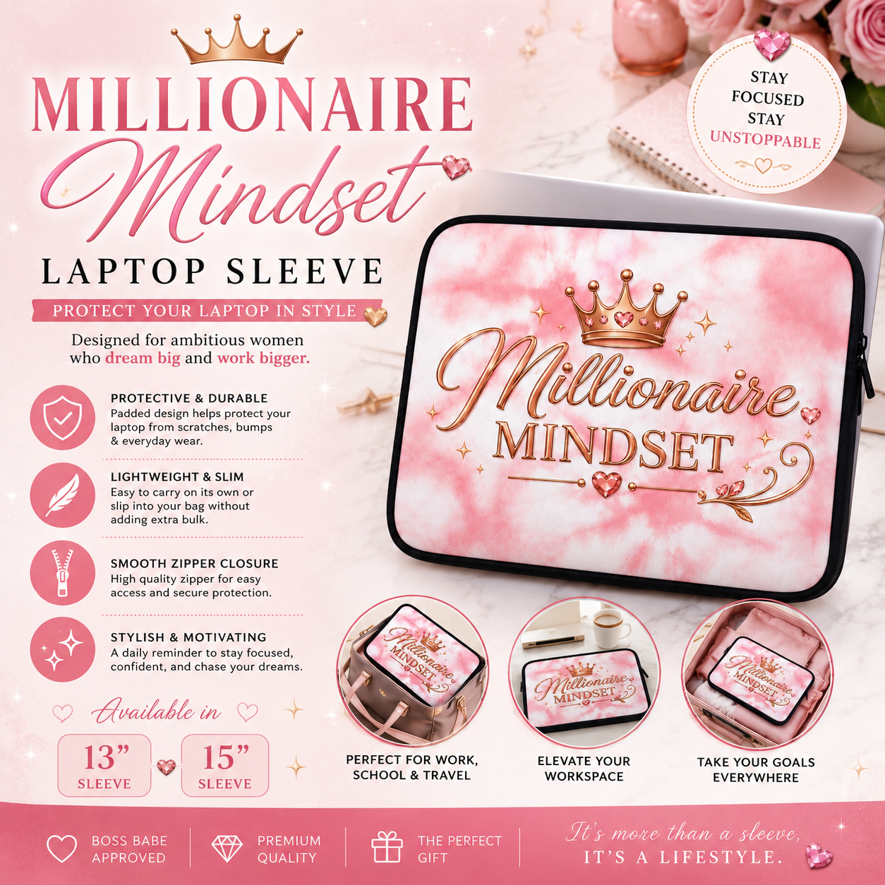 Millionaire Mindset Pink Marble Laptop Sleeve
