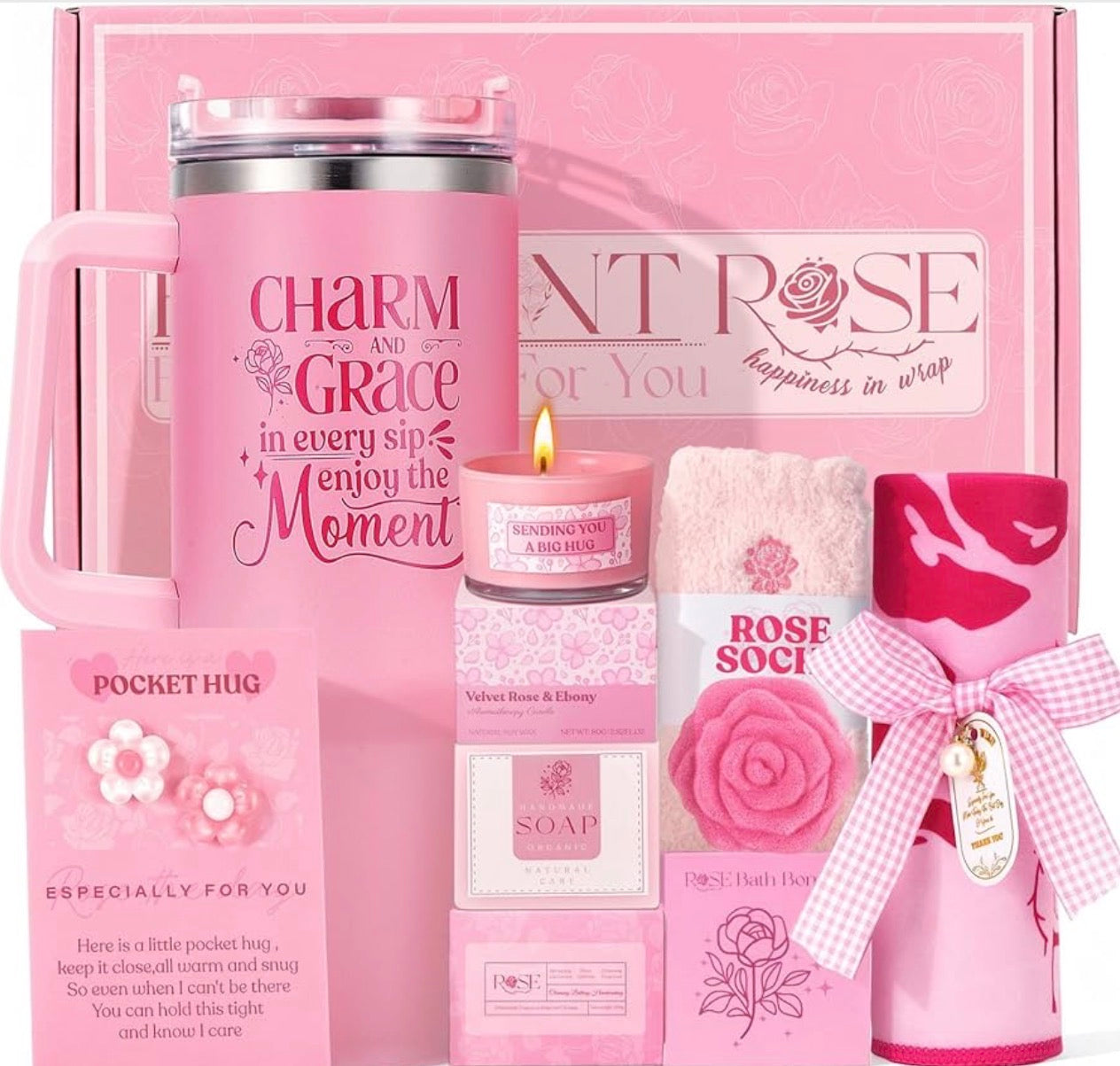 Pink Rose Self-Care Gift Basket Set for Women