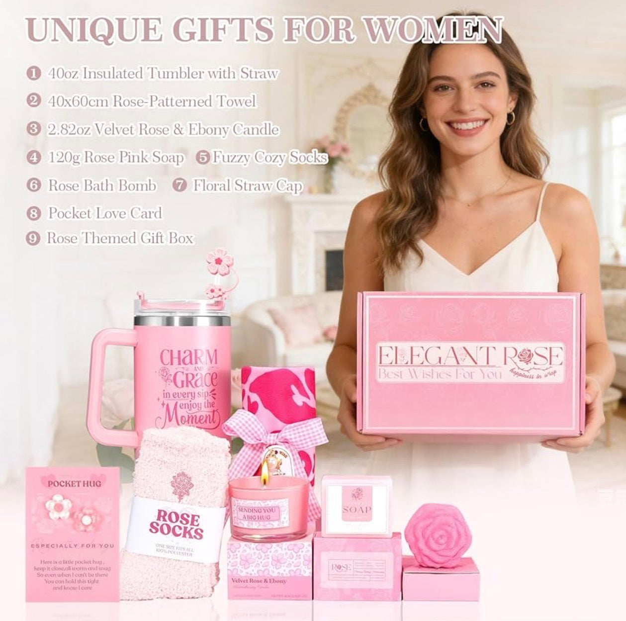 Pink Rose Self-Care Gift Basket Set for Women