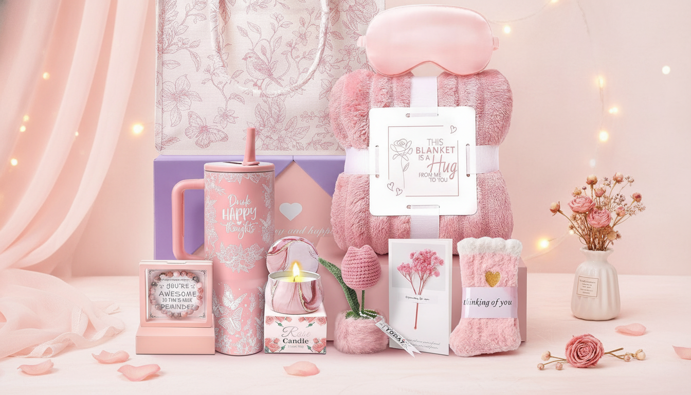 A luxurious self-care gift basket for women, open and displaying a plush robe, bath bombs, and a candle, set on a light surfa