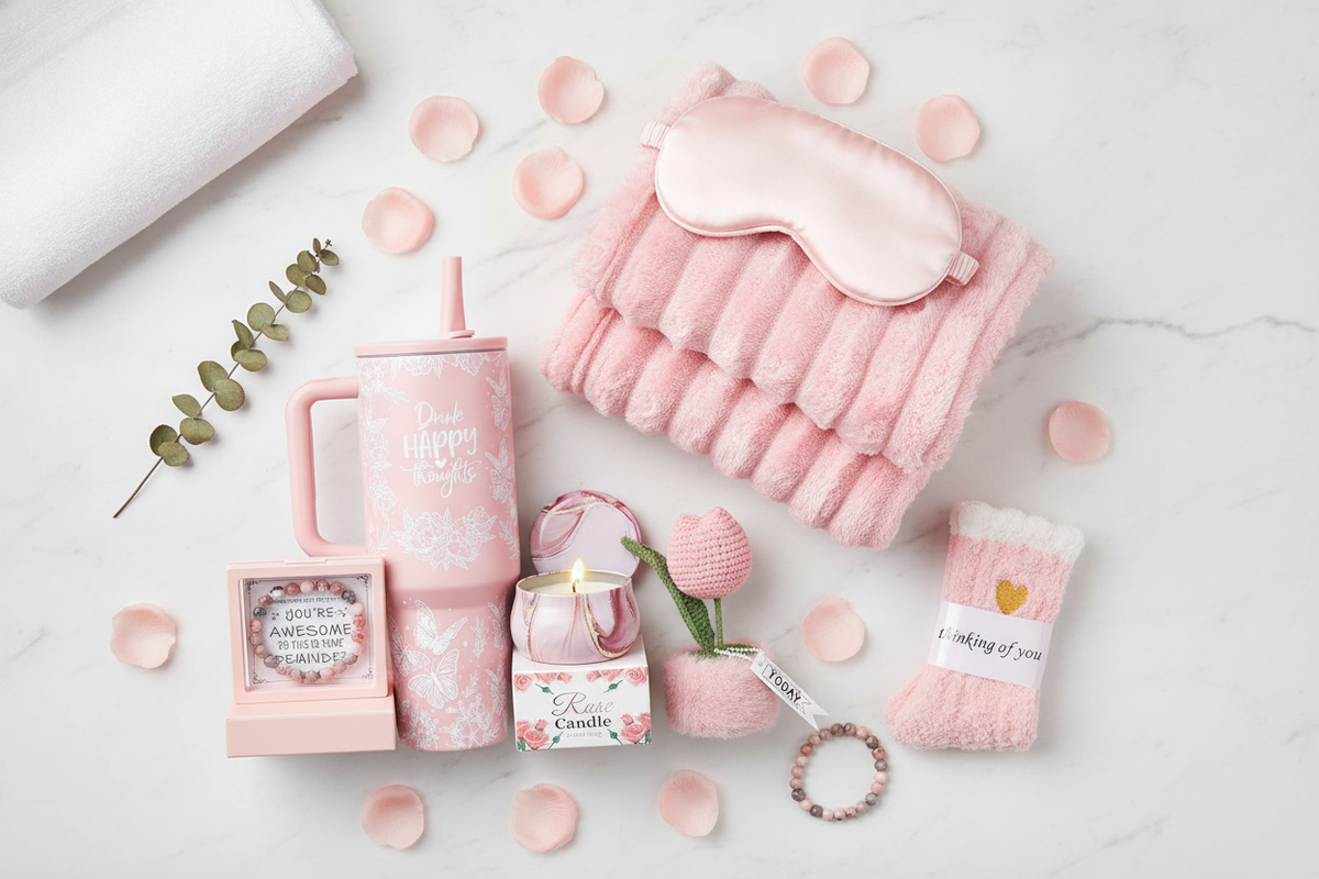 Flat lay of a luxurious self-care gift basket with blush pink and rose-colored products, a white towel, and flowers on a whit